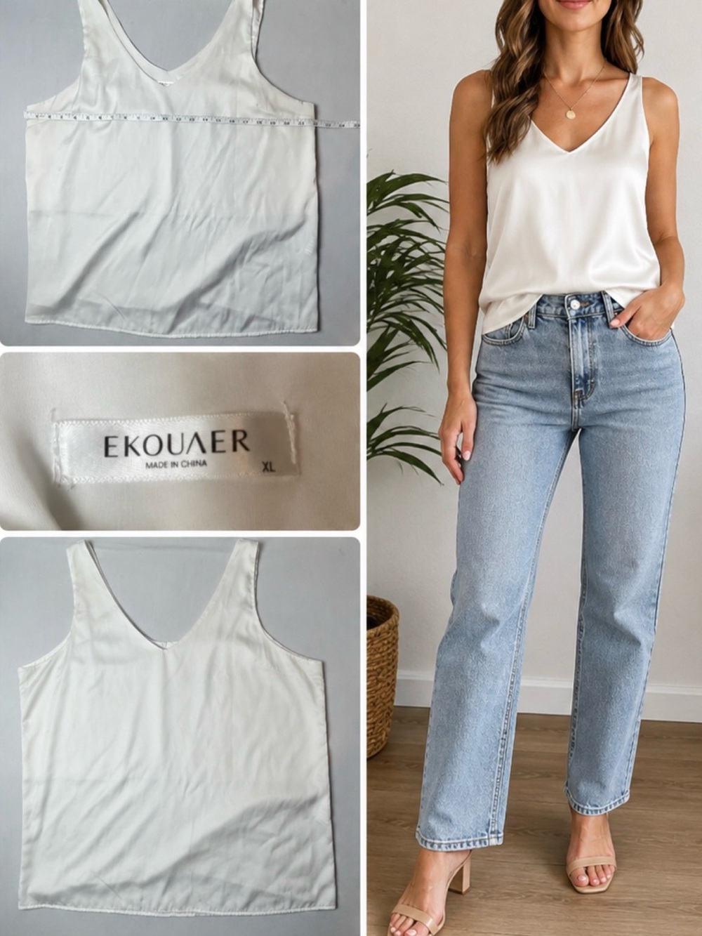 Ekouaer Women's Satin V-Neck Camisole in White